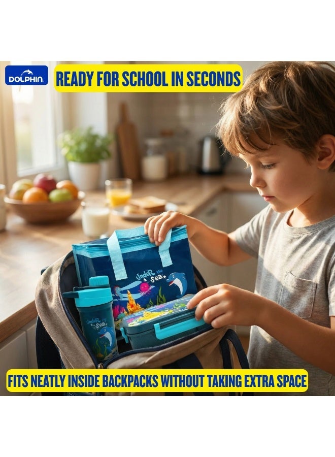 Dolphin Lunch Box Set Blue, 3-Compartment Bento Box 1800 ml with Water Bottle & Thermal Bag - Image 4